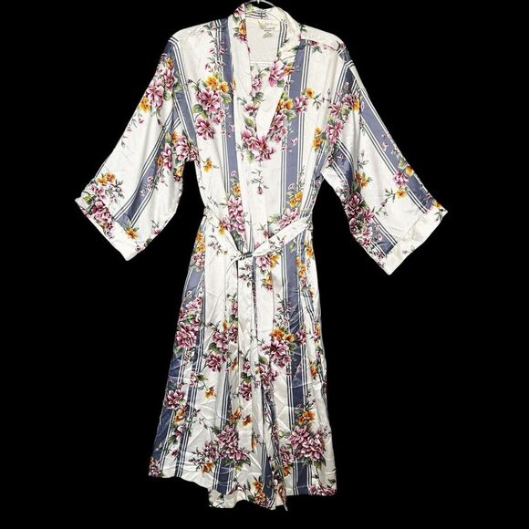 Vintage Robe MEDIUM‎ Satin Kimono floral Cottagecore 80s 90s Dentelle USA FLAW - Picture 1 of 6
